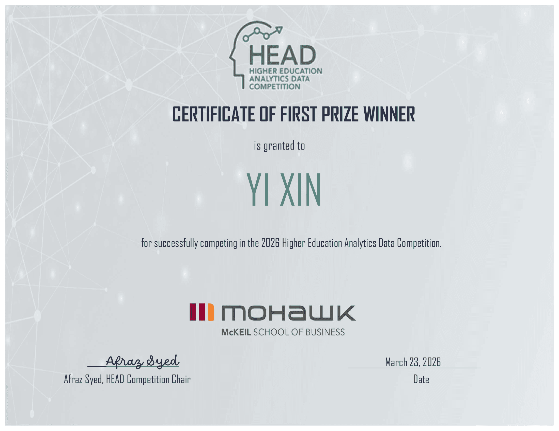 H.E.A.D. Competition 2026 First Prize Certificate